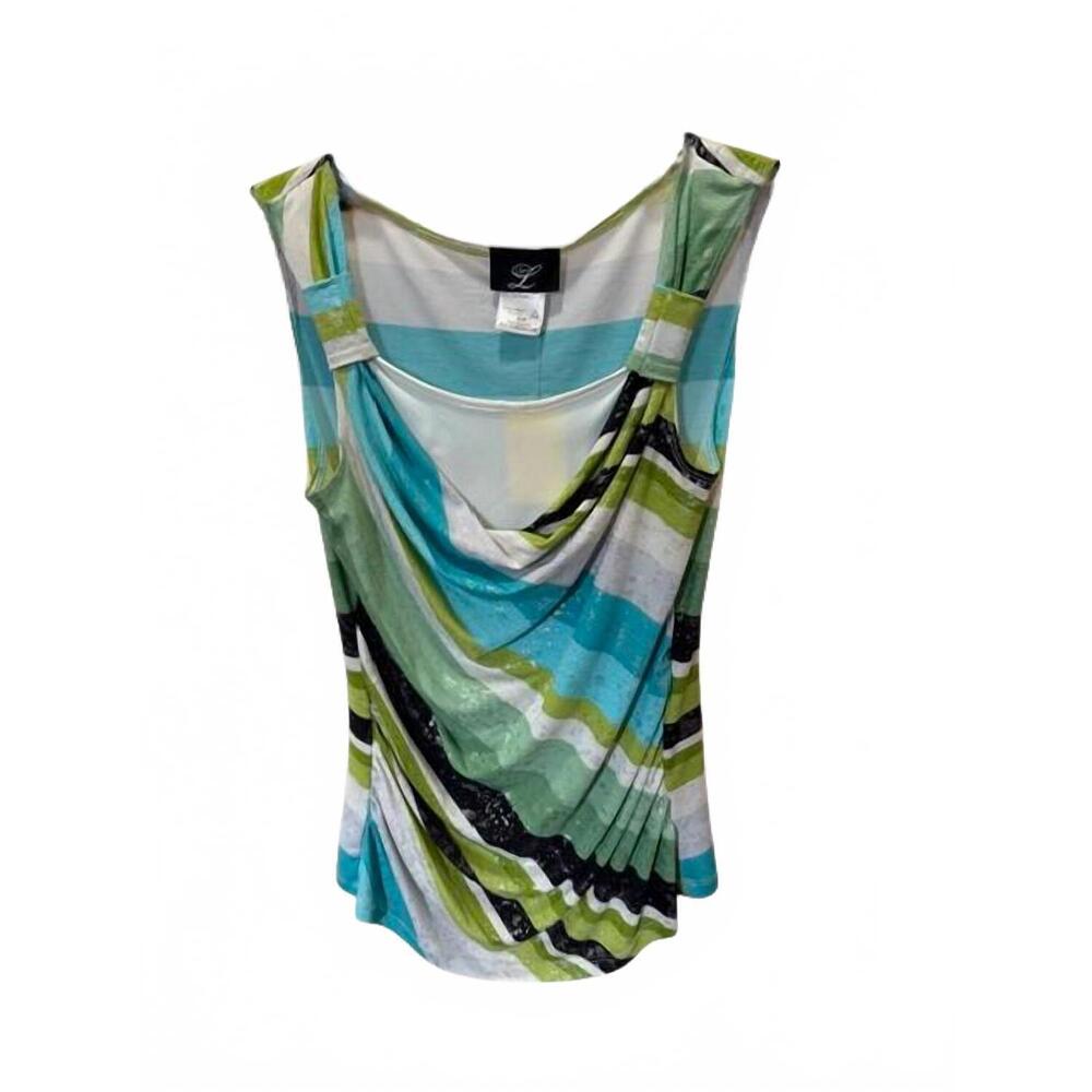 NEW LIBRA women stripe cowl neck layered tank in turquoise/green/black/white